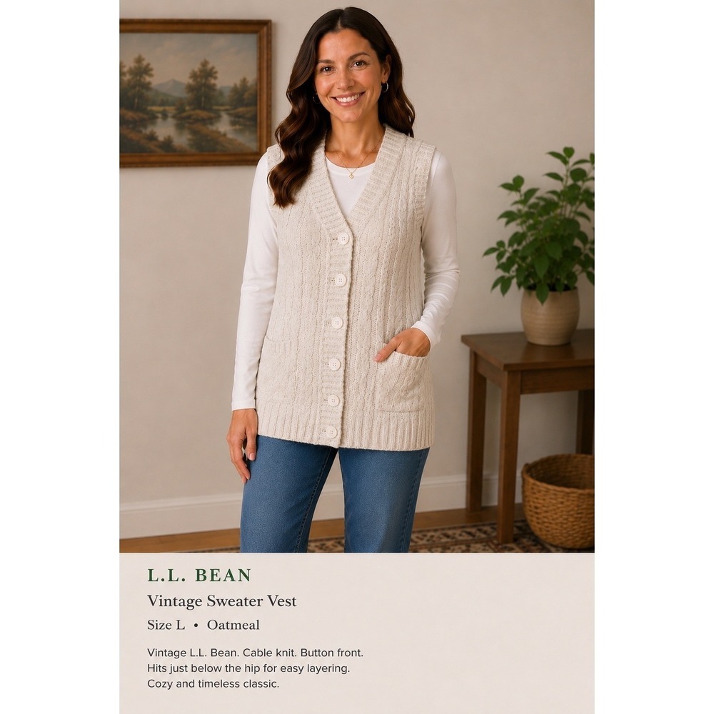 L.L. Bean Vintage Sweater Vest Large Oatmeal Cable Knit Wool Blend Button Front